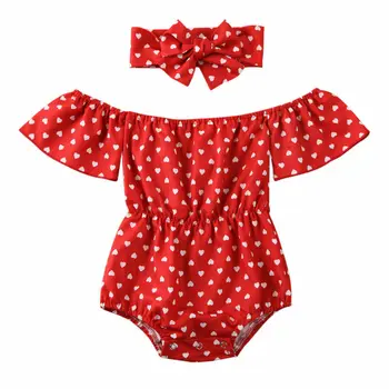 

0-24Months Offshoulder Romper for New born infant baby girls falared sleeve Love printed Rompers + Headband 2pcs Summer clothes