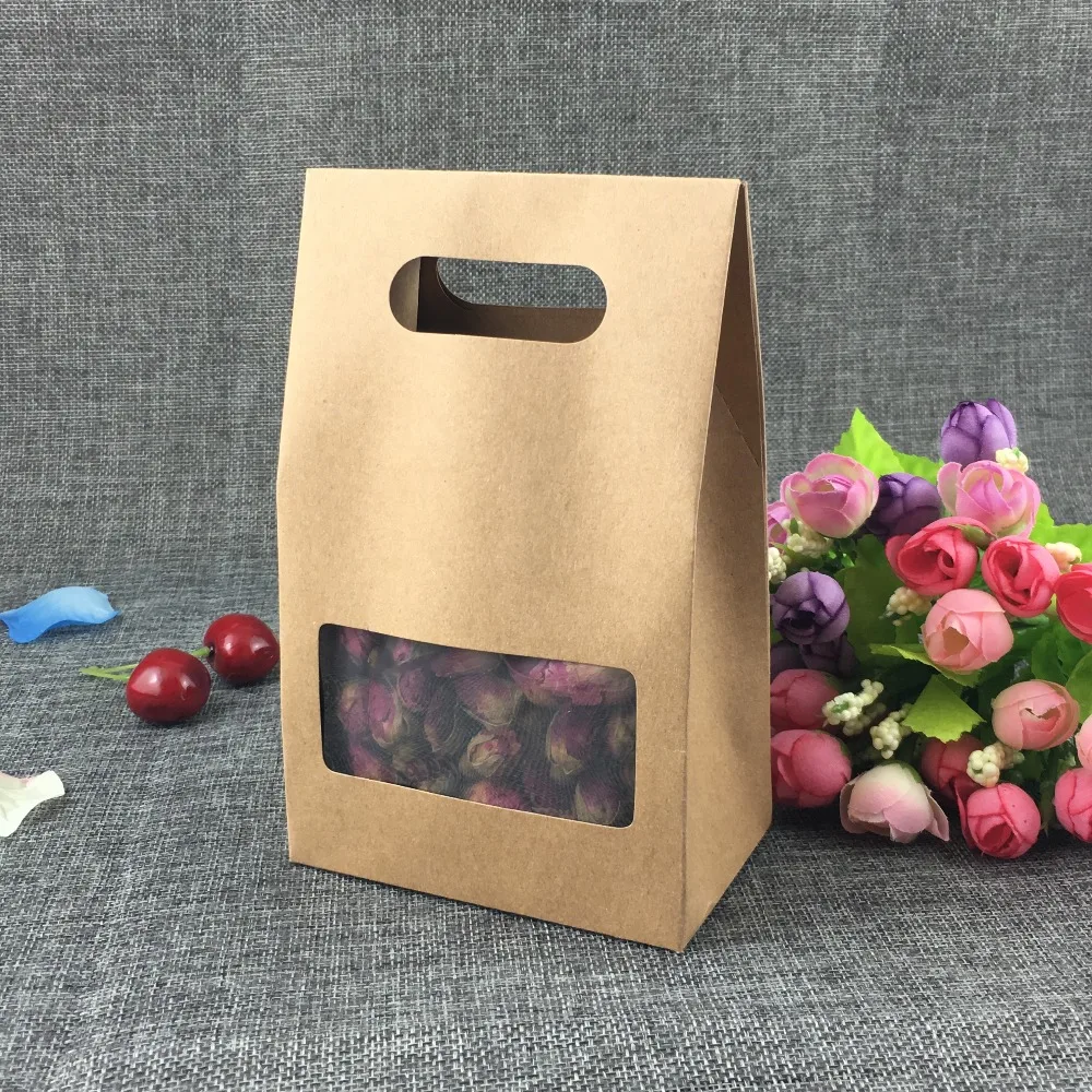 

60pcs Food Seal Gift Box with Handle 16*10*6cm Packaging Paper Box with Transparent visualization PVC Window for Tea/Bread