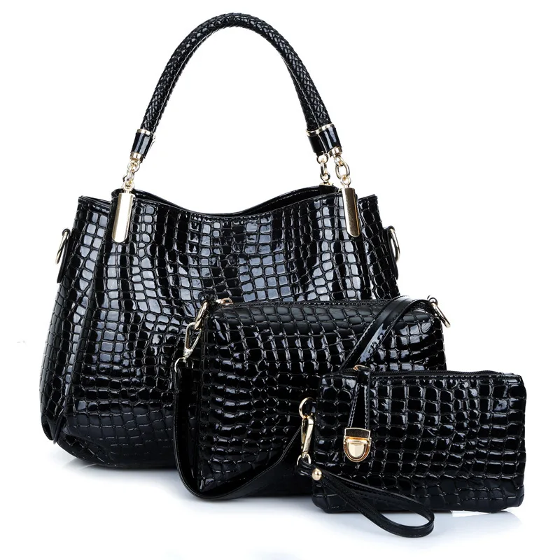 

2019 Europe And America New Style Stone Pattern Three-piece Set Patent Leather WOMEN'S Bag Different Size Bags Shoulder Handbag