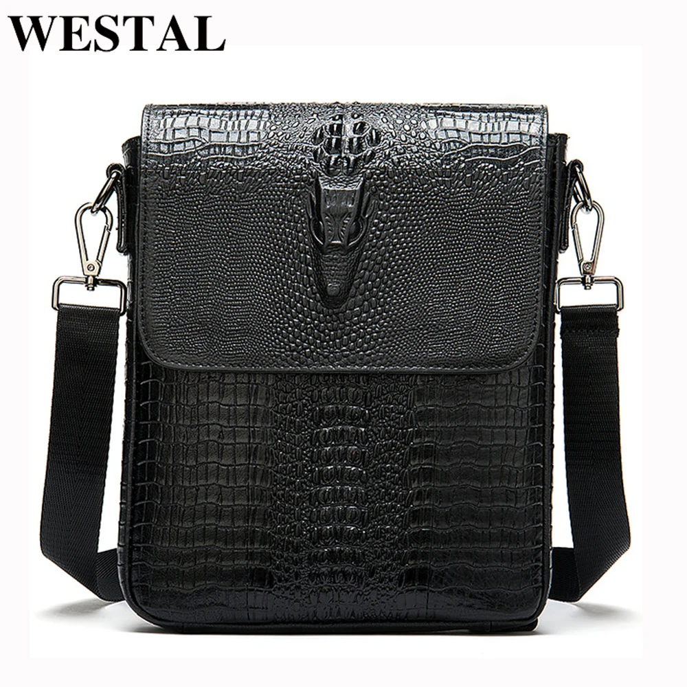 WESTAL men's shoulder bag for men genuine leather crocodile pattern vintage crossbody bag for men flap zipper messenger bag 8857