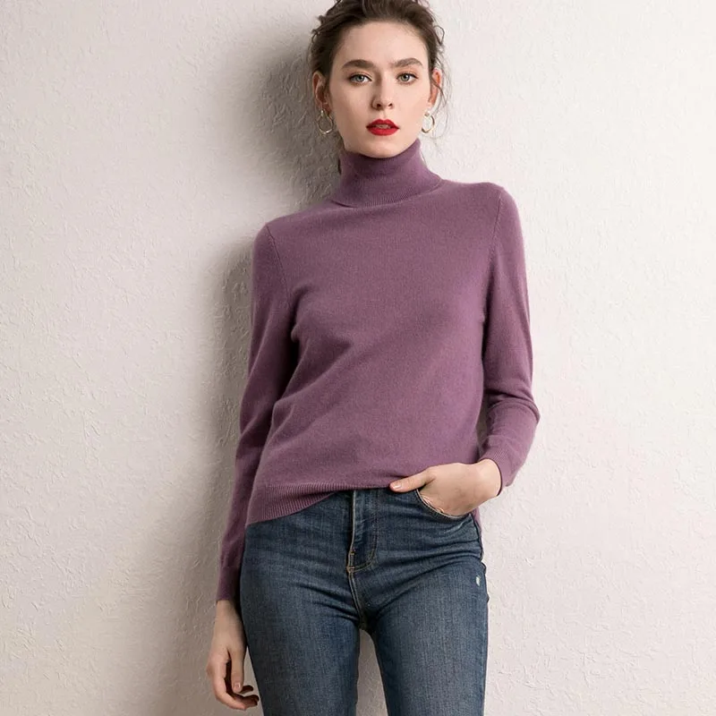 MERRILAMB супер теплый свитер 35% кашемир 65% камвольной шерсти Свитер с воротником и пуловер Для женщин зимние однотонные Femme брендовые джемпер - Цвет: Purple