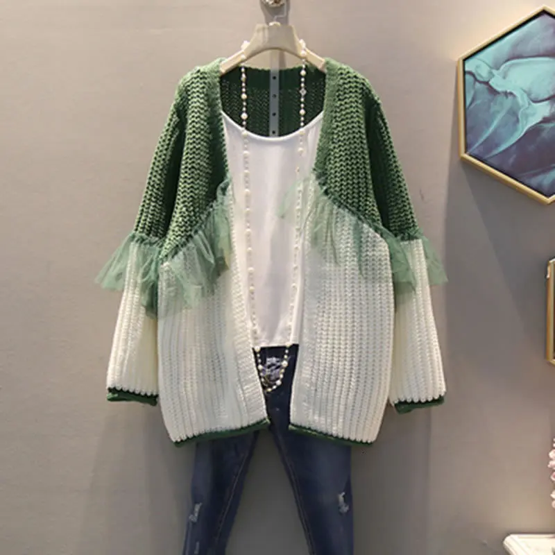 TVVOVVIN, вязаный кружевной свитер с оборками, женская мода, новинка, Осенний элегантный лоскутный свитер с v-образным вырезом, небольшой свежий Повседневный свитер L521