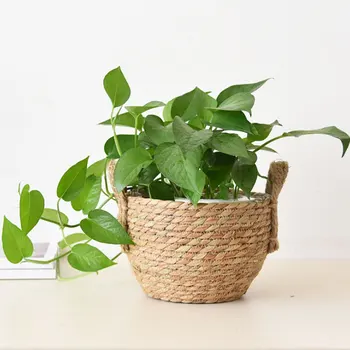 

Natural Hand Rattan Woven Seagrass Basket Garden Flower Vase Hanging Folding Basket With Handle Storage Basket Household Decor