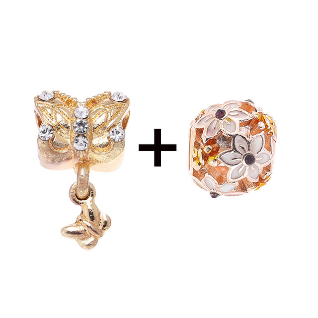 New Style Pink Glamour Flowers Daisy & Crystal Butterfly Charms Beads Fit Brand Bracelets DIY Jewelry Gift For Women