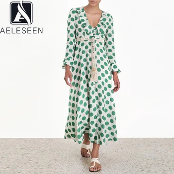 

AELESEEN Runway Fashion Dots Print Dress Women 2020 Designer Flare Sleeve Belt V-Neck Ruffles Long Party Holiday Dress Vestidos