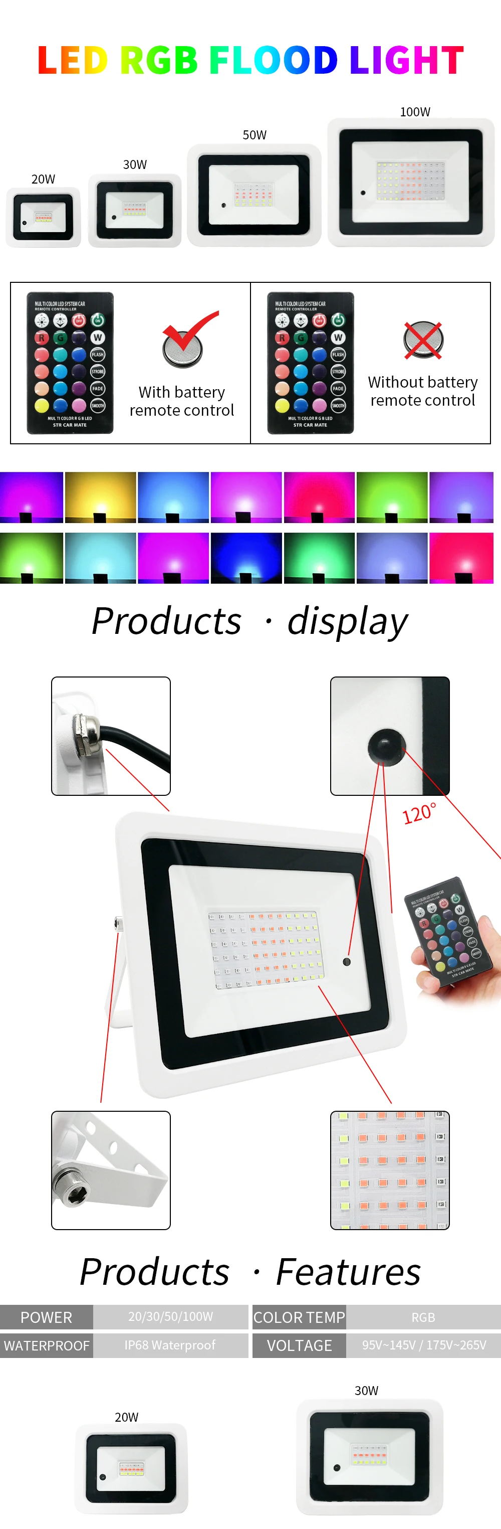 Rgb com Controle Holofote Refletor Remoto Colorido 20w 30w 50w 100w Ip68 220v - 110v Led Rgb 1 Holofote led rgb, refletor rgb com controle