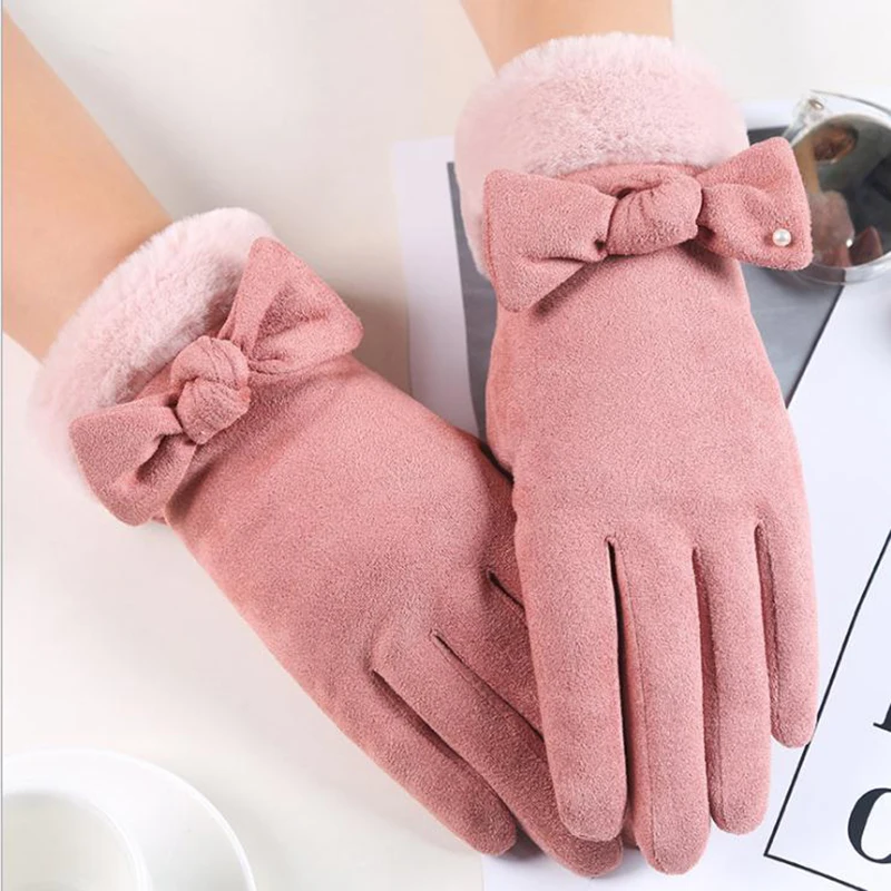 MoneRffi Female Gloves Thick Warm Winter Suede Fashion Outdoor Touch Screen Ladies Glove Plus Velvet Buckskin Cartoon Mittens - Color: pink