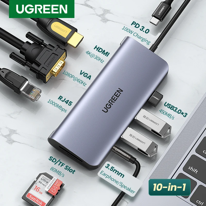  UGREEN usb хаб C концентратор HDMI адаптер 10 в 1 USB C к USB 3,0 док станция для MacBook Pro Аксессуары USB C Тип C 3,1 Разветвитель USB C концентратор 