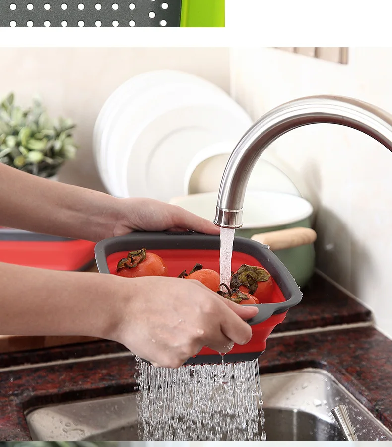 2pcs/set Foldable Silicone Colander Fruit Vegetable Washing Basket Strainer Collapsible Drainer With Handle Kitchen Tool