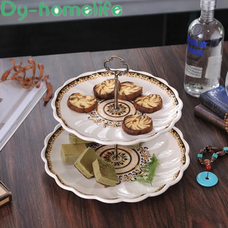

31 * 30cm Round Double Peacock With Handle Ice Crack Ceramic Dried Fruit Snack Plate Home Decoration Storage Fruit String Plate
