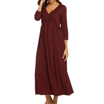 

Solid Nursing Long Soft Elastic Sleeping High Waist 3/4 Sleeves Women Nightgown Loose A Line Lactating For Pregnant V Neck
