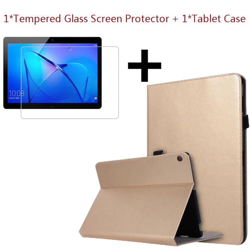Tempered Glass Screen Protector+Flexible PU Shell Faux Leather Stand Cover For Huawei MediaPad M3 Lite 10 10.1 BAH-W09/AL00 Case - Цвет: Champagne