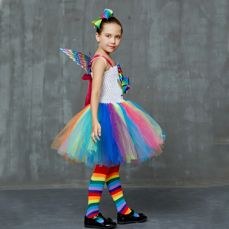 Unicorn Princess Costume Girls Rainbow Tutu Dress Set with Wings and Socks for Kids Birthday Halloween Party Tulle Dress (1)