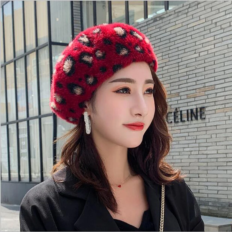 

High Quality Leopard Beret Cashmere Women Girls Winter Hat Cap Elegant Female Warm Painter Hat British Style 2019 New