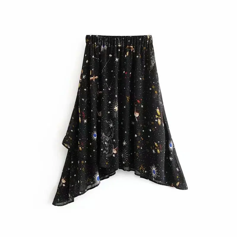 

Online Celebrity-2018 Summer New Style Non-symmetrical Hem Star Printed Chiffon Skirt High-waisted Medium-length Dress A- line S