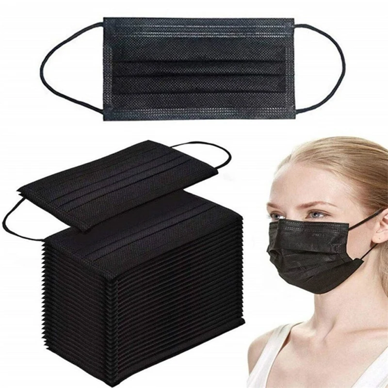 Disposable-Black-Adult-Protective-Mask-Anti-Dust-Anti-Droplets-3-Layers-Filter-Earloop-Non-Woven-Face