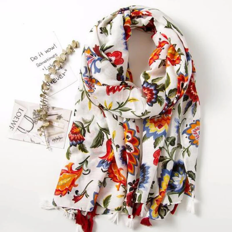 

Women Fashion Colorful flower printing new style lady Scarf Tassel Shawls and Wraps Pashmina Bandana Muslim Hijab Sjaal