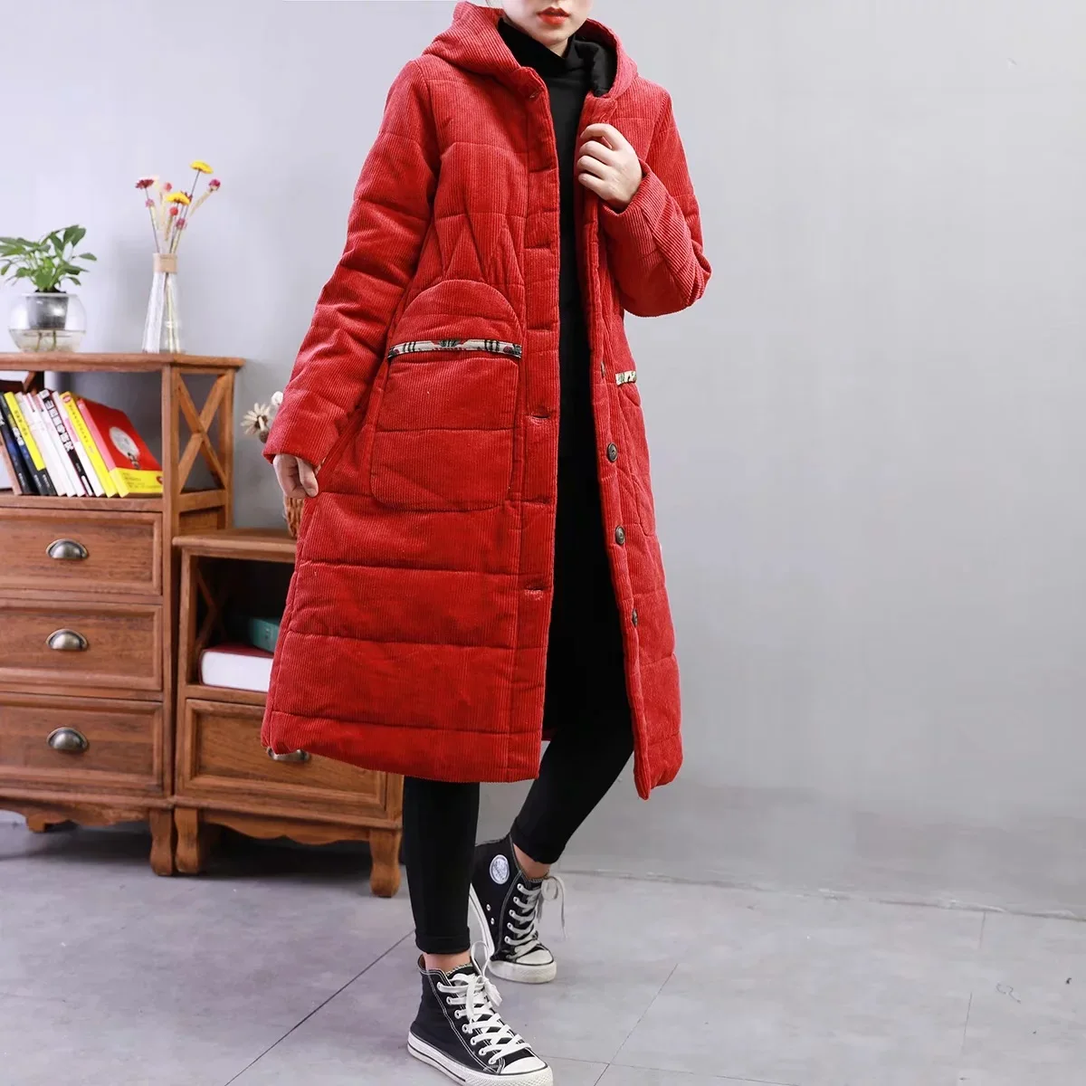 

Mid-length Slimming Solid Color Double Pocket Cardigan Cotton-padded Clothes Corduroy Retro Button down Hooded plus Velvet Jacke