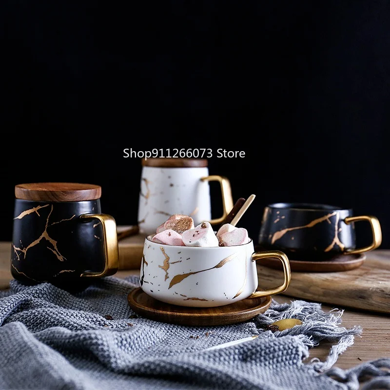 

Marble matte gold coffee cup Japanese black and white gold ceramic teacrub mug with wooden plate dish coffee cup