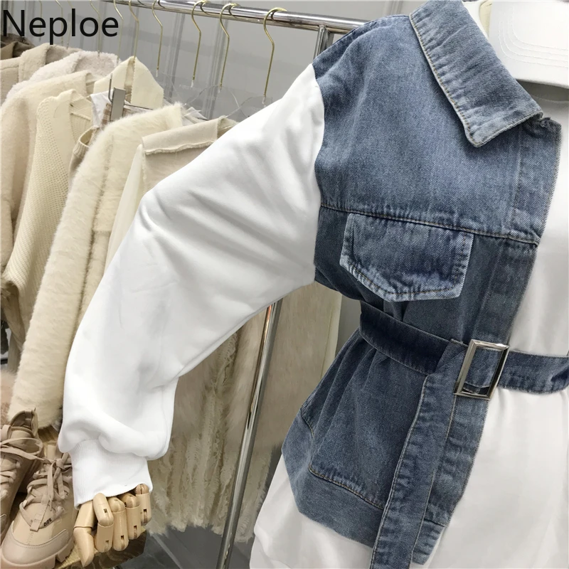 Neploe пуловер с круглым вырезом и буквенной вышивкой, толстовки, модный джинсовый лоскутный тонкий приталенный пояс, толстовка с длинным рукавом, Женский Топ 48033