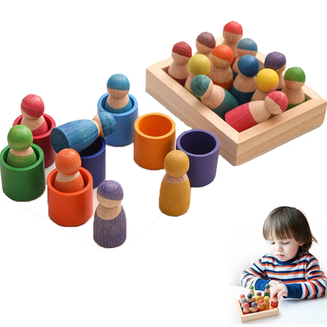 1Set Kids Wooden Rainbow Blocks Doll  Montessori  Educational Color Cognitive Ability Toy For Children Stacking Blocks Baby Gift 1