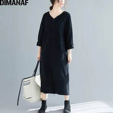 DIMANAF размера плюс зимнее плотное женское платье-свитер с v-образным вырезом и длинным рукавом, вязанное свободное однотонное женское платье для отдыха