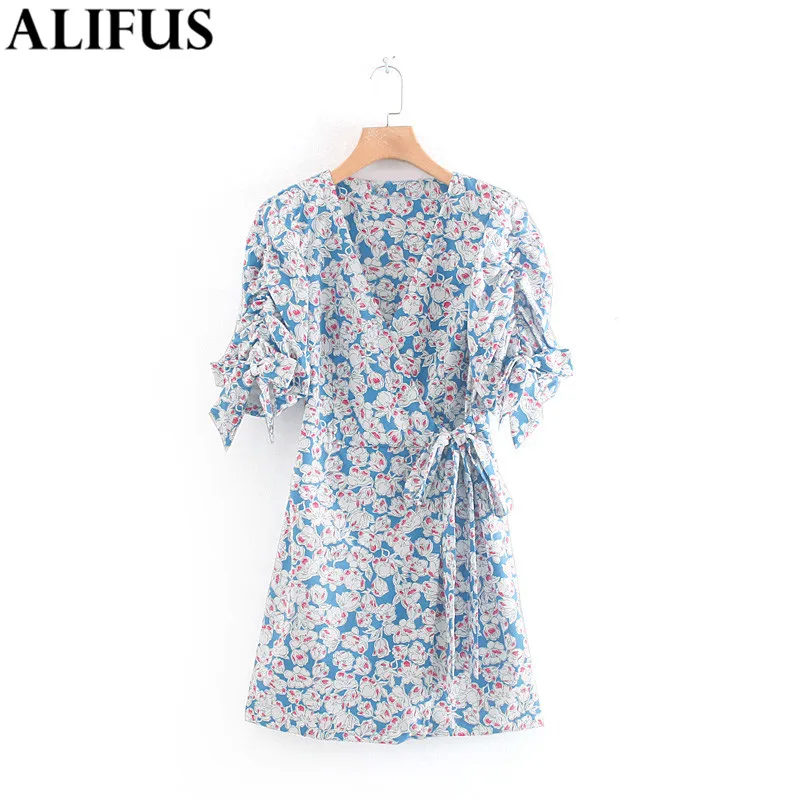 

Fashion Za 2019 Cross V Neck Floral Print Mini Dress Women Summer Chic Dress V Neck Short Sleeve Beach Dresses vestidos