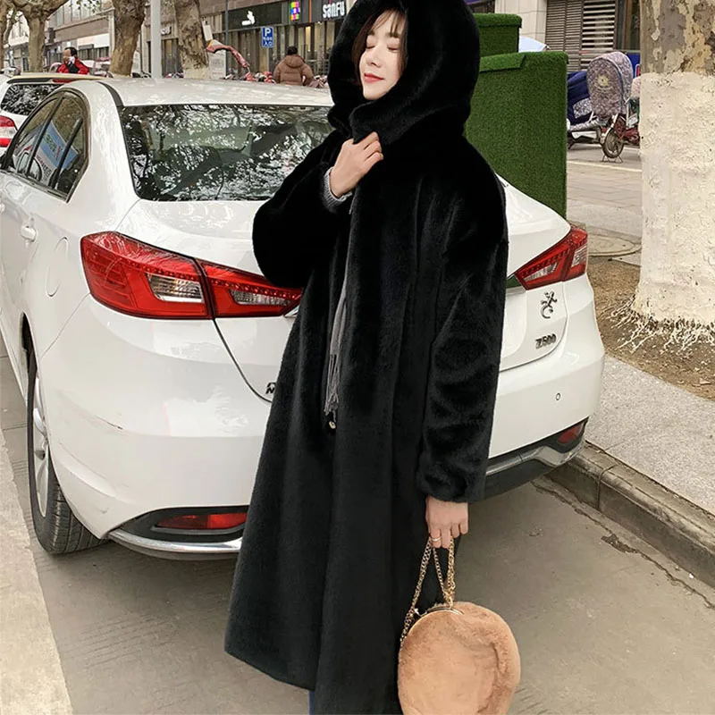 black hooded Зимнее женское пальто из искусственного кроличьего меха, Свободное пальто с капюшоном, толстое теплое длинное пальто большого размера, женские плюшевые пальто LJLS127 - Цвет: black hooded