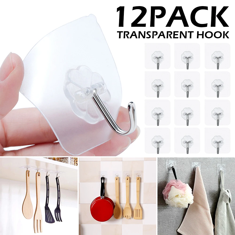 

12 Pcs Set Kitchen Bathroom Plastic Adhesive Hook Wall Sticky Mount Hanger Rack