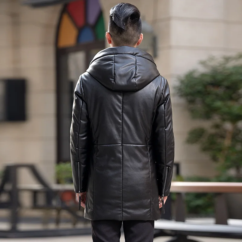 

Men's Leather Jacket Winter Duck Down Coat Male Warm Long Second Layer of Sheepskin Hood jaqueta de couro HN1716 LX2361