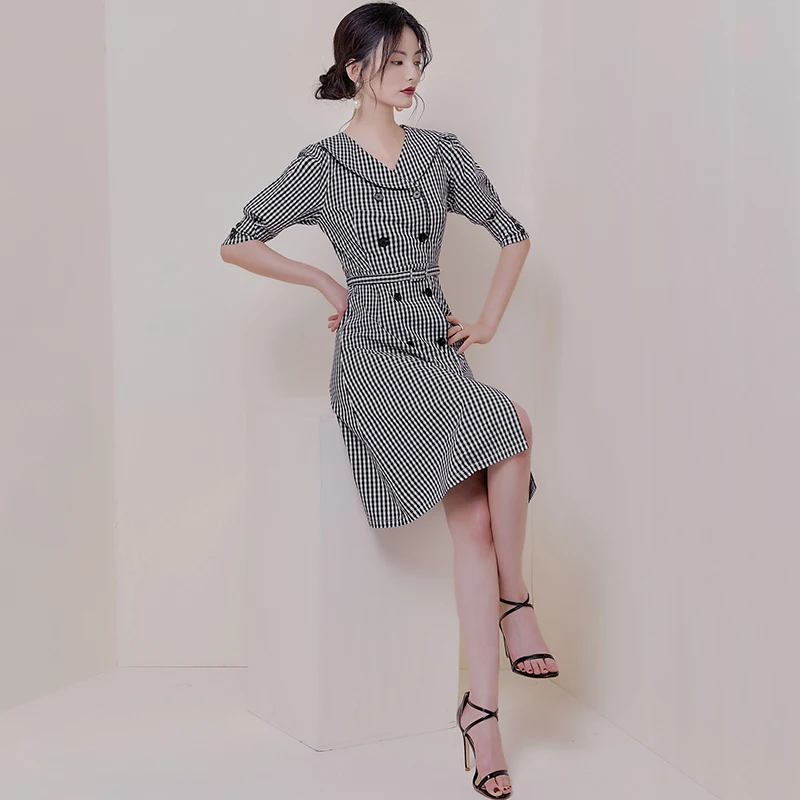 Small Fragrance Autumn Vintage Dress New Retro Plaid Dresses for Women Double-breasted Slim Chic High Waist Dress OL Dress