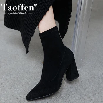 

TAOFFEN Women High Heel Boots Real Leather Thick Heel Women Ankle Boots Fashion Elastic Boots Woman Footwear Size 34-39