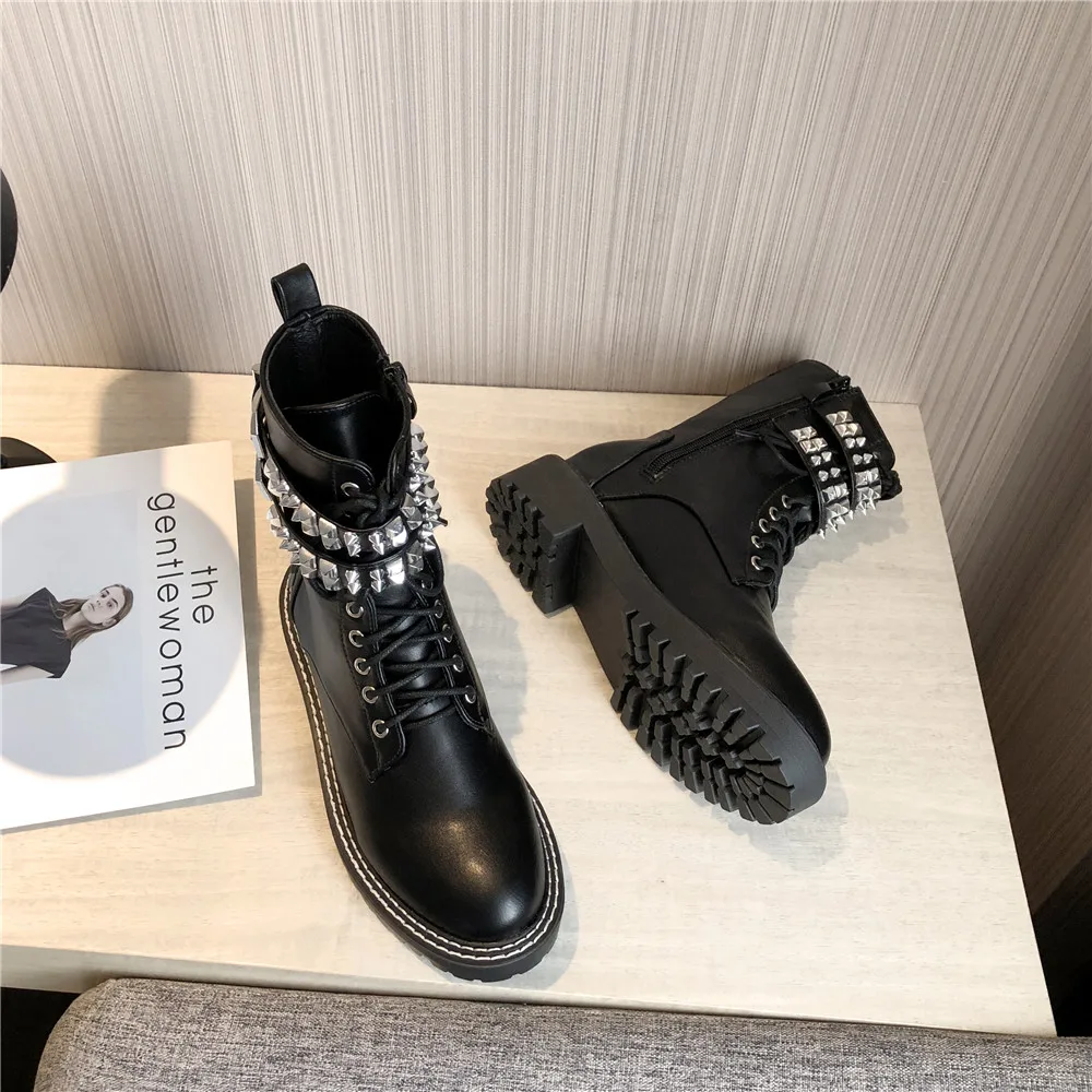 Goede MIULAMIULA Merk Ontwerpers 2019 Winter Luxe Klinknagel Zwarte Lederen Cross Tie Platform Schoenen Lady Laarzen Rits Maat 35 40