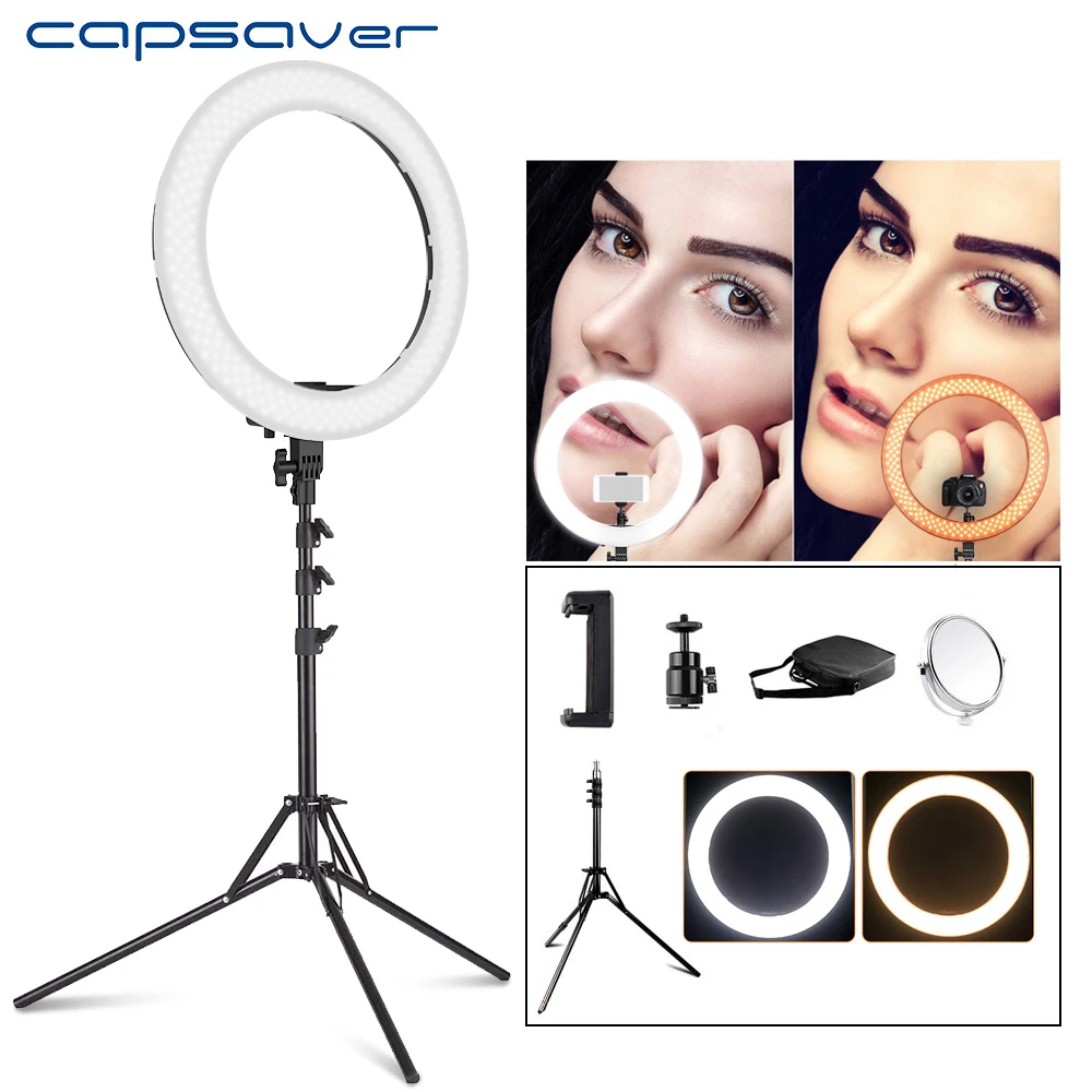 

capsaver 5500K LED Studio Ring Light with Tripod Dimmable Camera Photo Studio Phone Video Photography Lighting 240pcs LEDs 18"