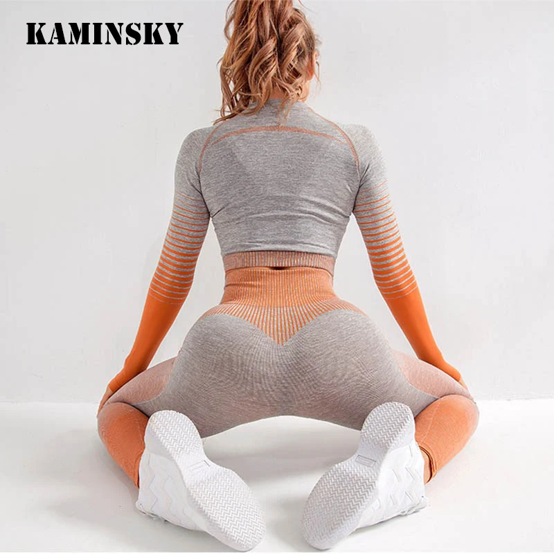 Новинка бесшовная спортивная одежда Kaminsky Женский трикотажный комплект в полоску