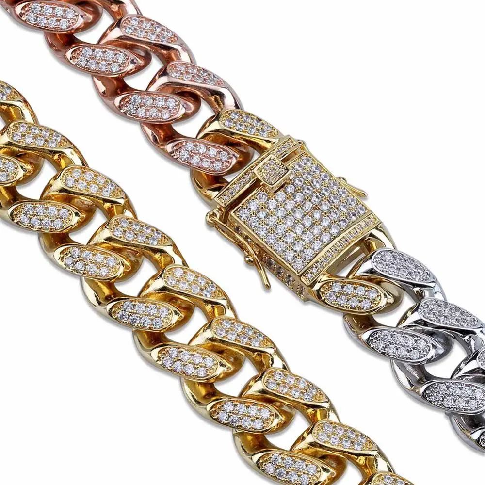 

14mm/18MM Hip Hop AAA+ CZ Zircon Bling Ice Out Gradient Color Cuban Miami Link Chain Bracelets for Men Rapper Jewelry Gold