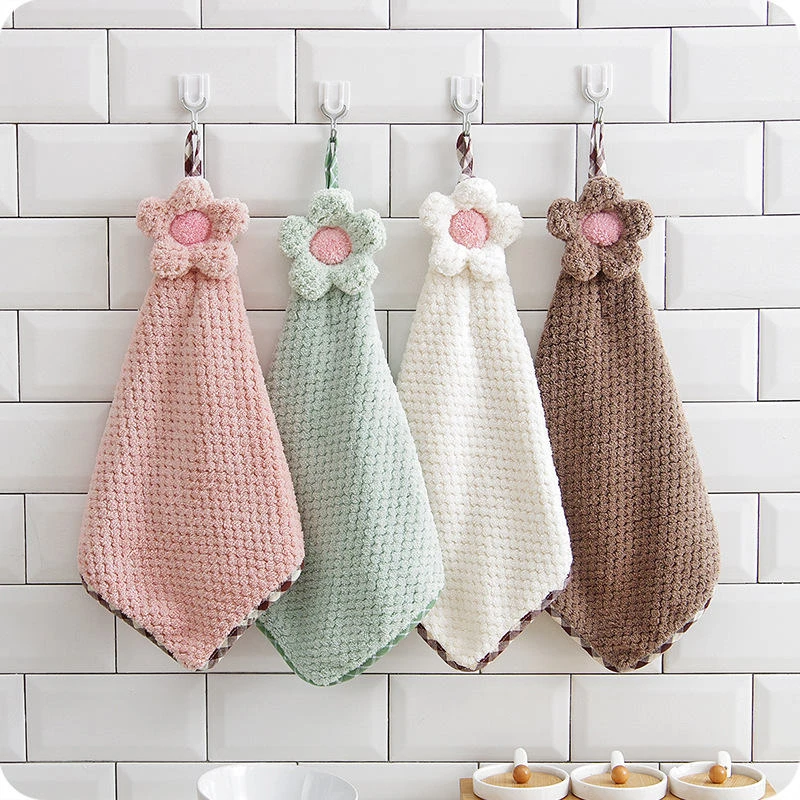 30*28CM Coral Velvet Flower Hand Towels Bathroom Hanging Towel Lint Free Cleaning Cloth Cleaner