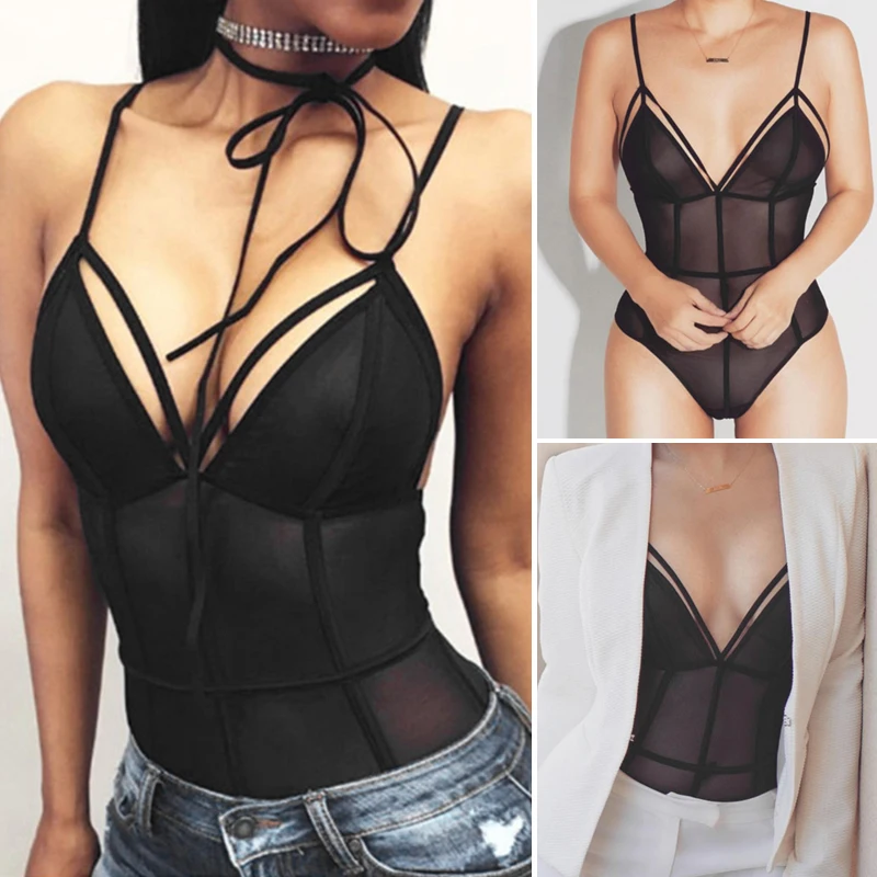 

Sexy Women Bodysuit Sheer Mesh V Neck Teddy Lingerie Bodycon Jumpsuit Erotic Sleepwear Black Lingerie Lace Dress Babydoll