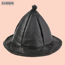 SILOQIN Винтаж овчина ведро головные уборы для мужчин и женщин складная шляпа из натуральной кожи Осень новинка черные кожаные кепки унисекс