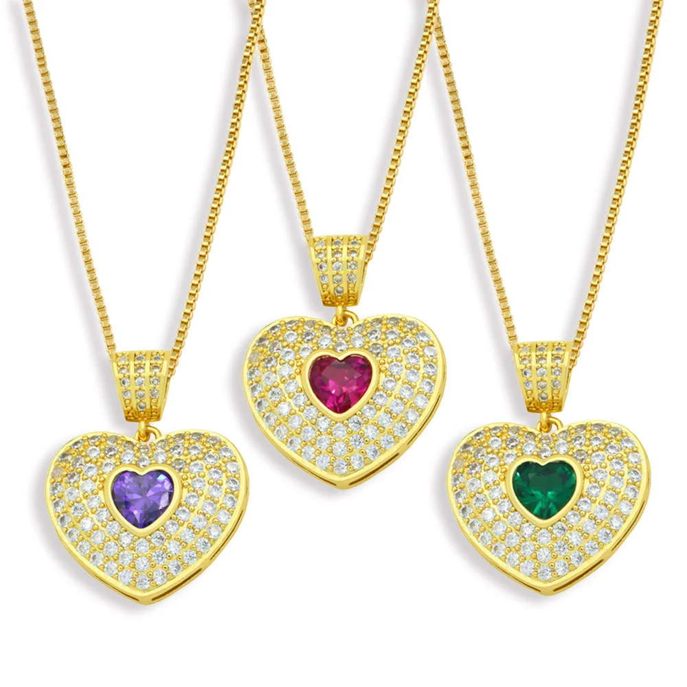 

Fashion Copper Inlaid CZ Heart Pendant Necklace For Women Colorful Crystal Zirconia Gold-plated Chain Choker Wholesale Jewelry
