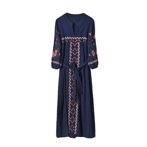 blue Boho Chic каштановых в винтажном стиле рукав «фонарик» цветочной вышивкой пляжное богемное женское платье-миди с v-образным вырезом, летнее платье, vestidos - Цвет: blue