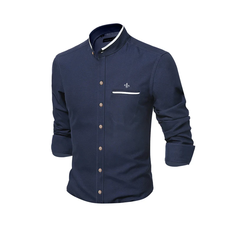 Стоячий воротник Blusa Camisa Social Masculina Dudalina длинный рукав поддельный карман тонкая рубашка мужская одежда вышивка белый мужской