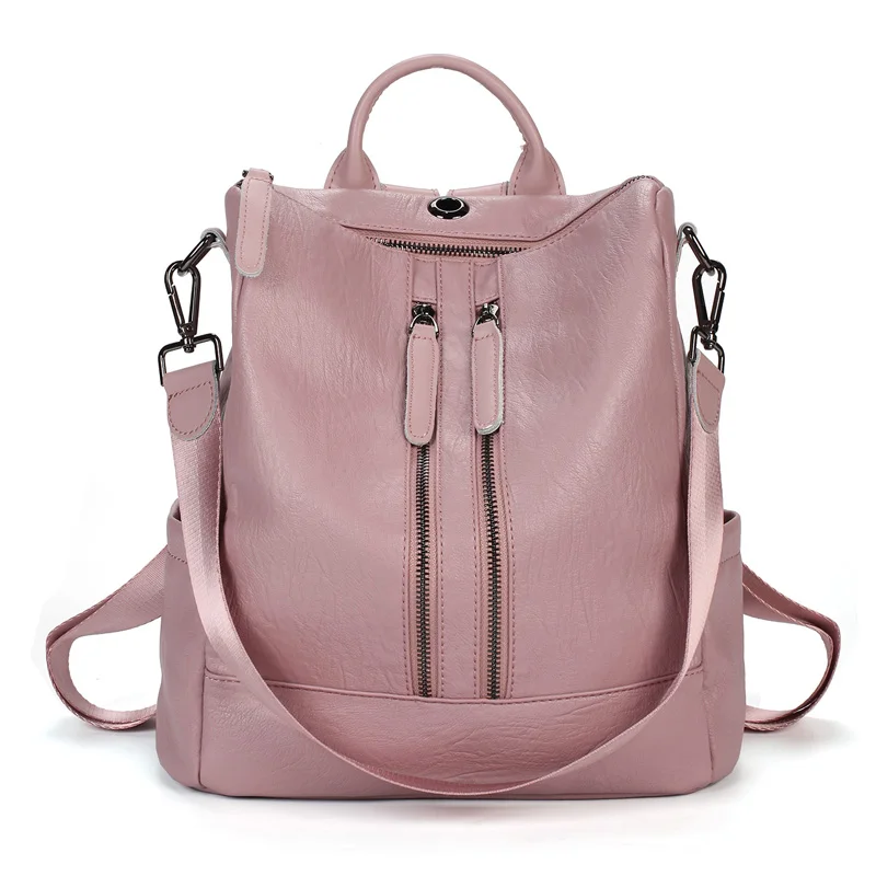 Женские кожаные рюкзаки, высокое качество, рюкзаки для девочек, одноцветные, для путешествий, роскошный дизайн, рюкзак для девушек - Цвет: Double Zipper Pink
