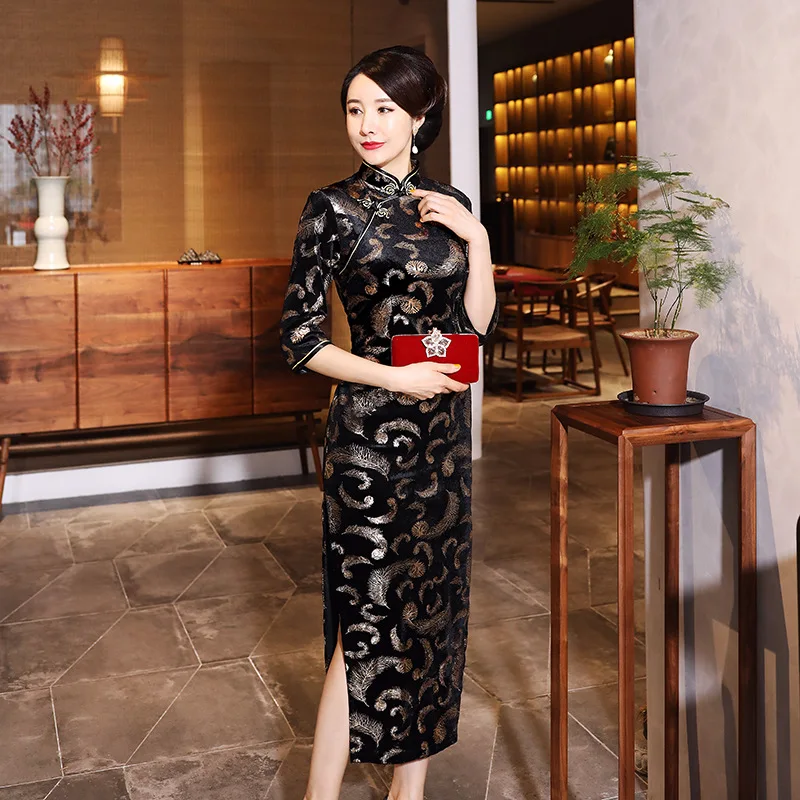 Классическое Восточное женское платье Cheongsam из бархата с воротником-стойкой, китайское платье Qipao, Вечерние Платья с цветочным принтом, винтажное длинное платье