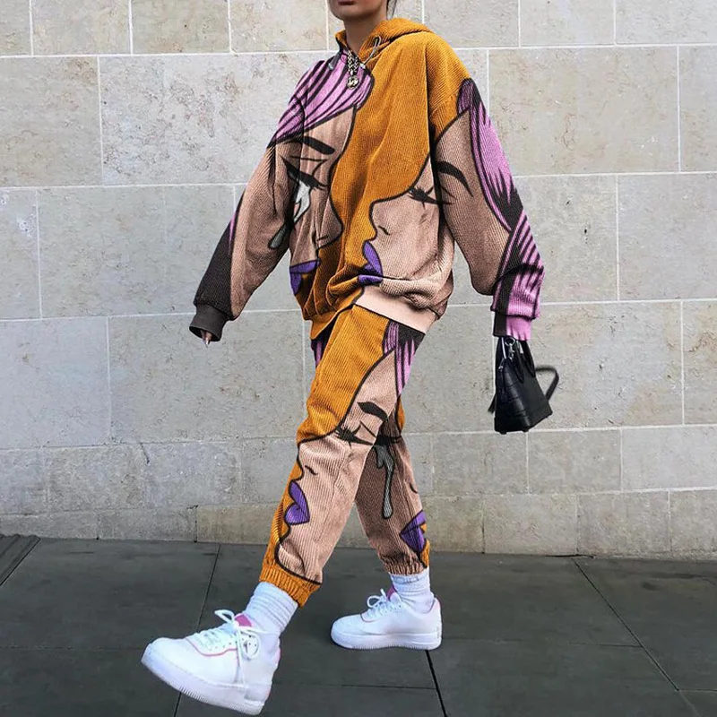 Fun Printing Design Very Thin Sweatshirt Pants Suit 2 Piece Set Women Tracksuit New Autumn Tops Loose Casual Girls Plus Size 3XL |