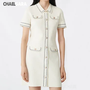 

2020 Spring Autumn Knitted Women's Mini Dress Short Sleeve Elegant A-line Turn-down Collar Single-Breasted Party Dresses
