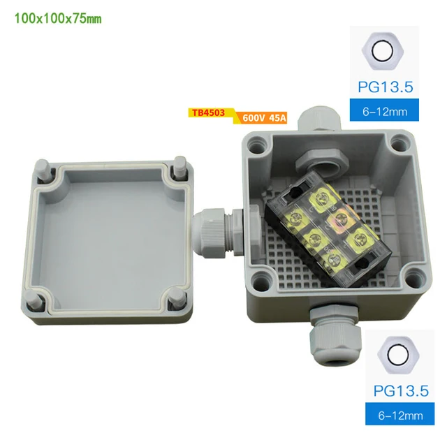 35A 600V 3 Pins Terminal Blocks with Gland Connectors Sealed  Enclosure Case Project Junction Box 100x100x75mm T type