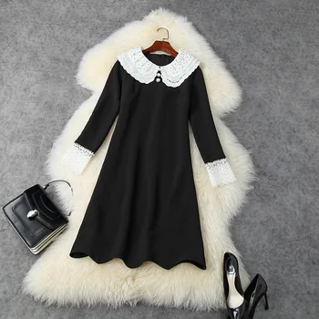 

European and American women's wear 2020 winter new style Long-sleeved lace embroidered doll collar Fashionable dress