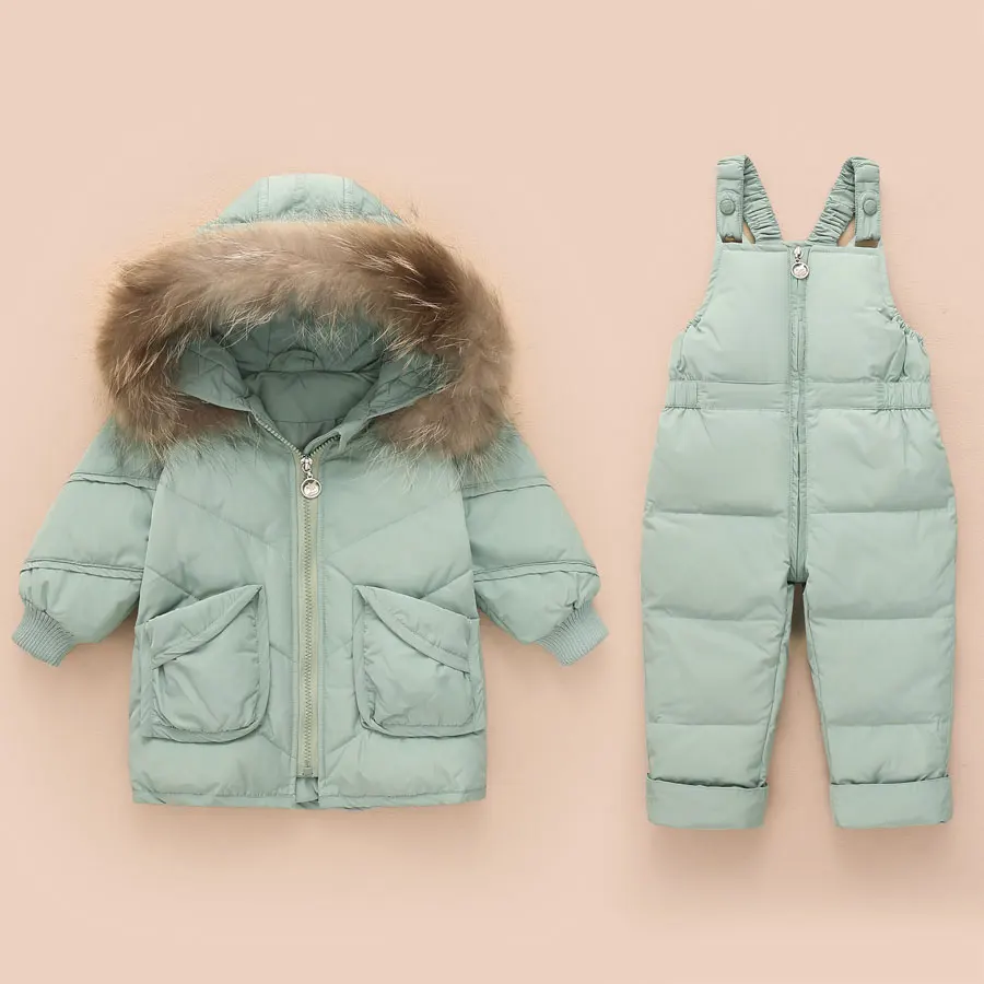 

2019 Real Fur Collar Kids Winter Down Jacket Baby Girls Warm Overalls Children Winter Down Clothing Sets Toddler Boys Down Coat