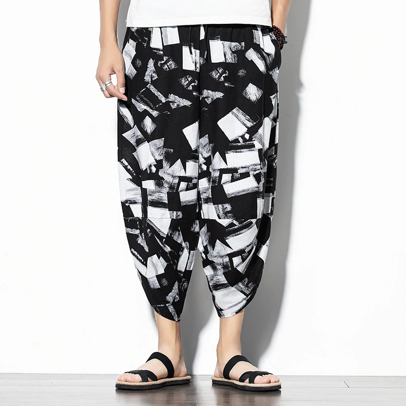 

Cotton Mens Harem Pants 2020 Summer Male Casual Calf-Length Pants Printed Big Pocket Baggy Pants Trousers Men Streetwear